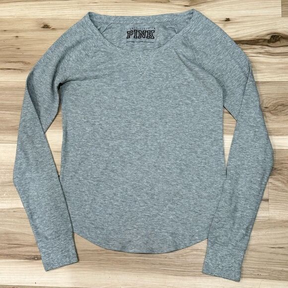 Victoria’s Secret PINK Grey Waffle Knit Henley Long Sleeve Shirt Women’s Large - Picture 1 of 3